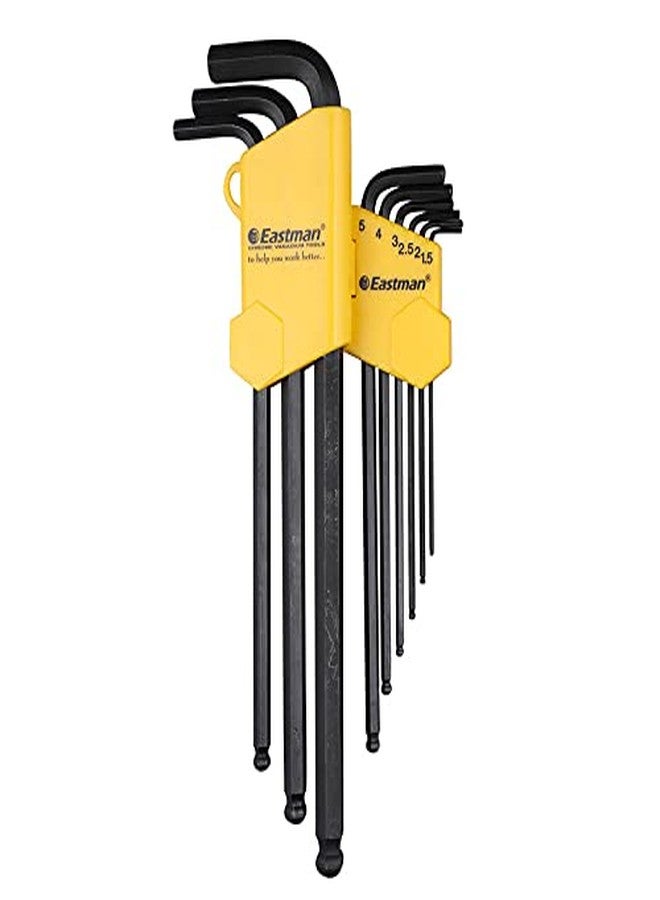 إيست مان مجموعة مفاتيح ألين سداسية من إيستمان، 9 قطع، من 1.5 إلى 10 مم، نمط قصير، فولاذ كروم فاناديوم، رؤوس مشطوفة، طلاء أسود - EAK-2406 - Image 1